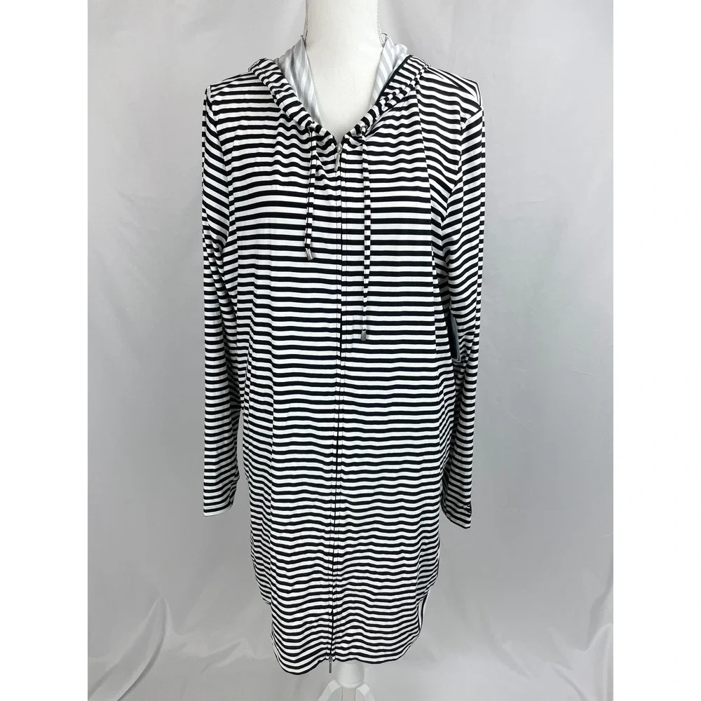 Coolibar Woman XL Wailea Swim Cover-Up Black White Striped Long Sleeve Zip NWT